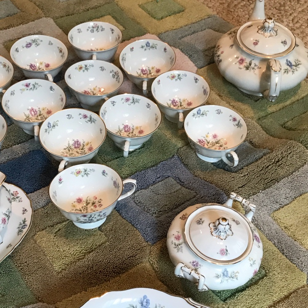 Vintage Floral Porcelain Teacup Set - White with Pink Rose Accents